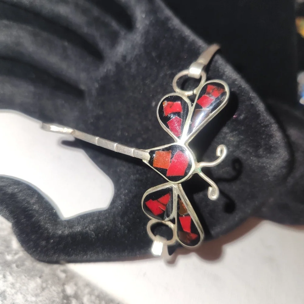 Vintage Dragonfly Inlay Cuff Bracelet Red Black‎ Mosaic Silver Tone Artisan Boho